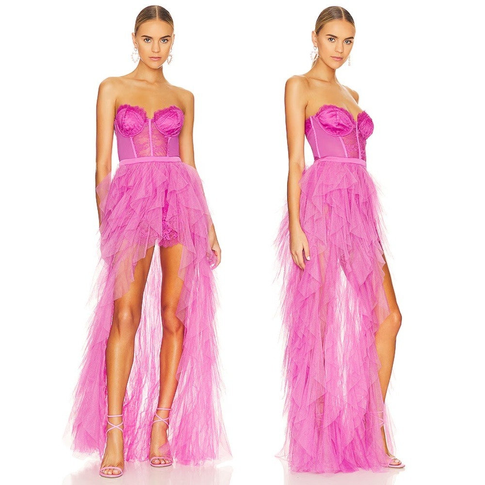 NWT For Love & Lemons X REVOLVE Bustier Gown XL Pink Lace Tulle Maxi Dress
